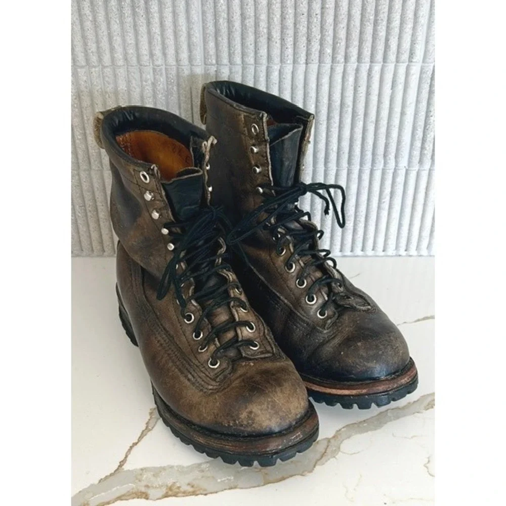 Vintage Chippewa Lace Up Work Boots Leather Distressed Brown Black 8.5 E Wide